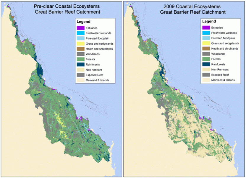 Figure 4. Coastal ecosystems within GBR region, pre-European score and 2009