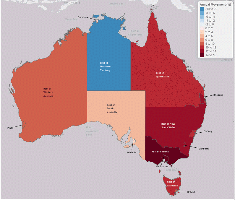 Heat map denoting annual revenue movements for each capital city, state, and territory.