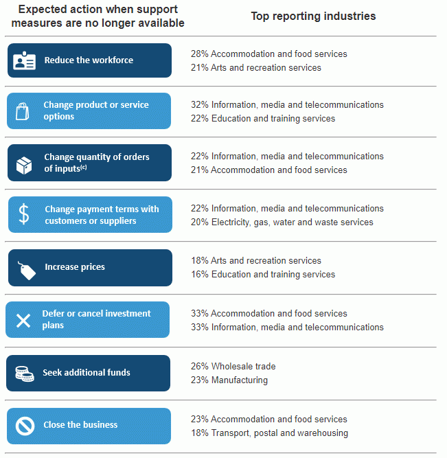 Expected business actions when support measures are no longer available, by top reporting industries