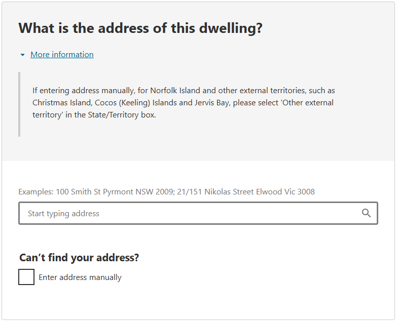 This image shows a question from the 2026 Census online form. This question asks: What is the address of this dwelling?