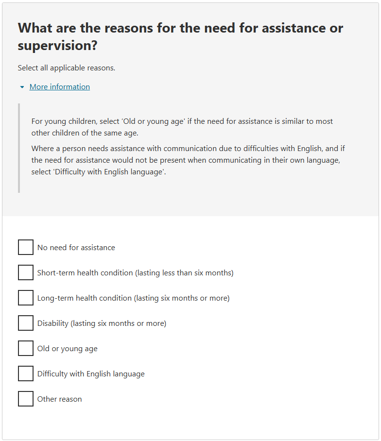 This image shows a question from the 2026 Census online form. This question asks: What are the reasons for the need for assistance or supervision?