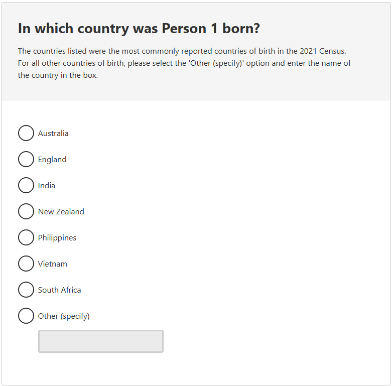 This image shows a question from the 2026 Census online form. This question asks: In which country was Person 1 born? 