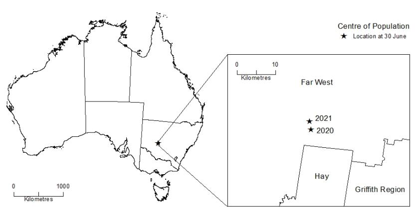 Map showing Australia's Centre of Population, June 2020 and June 2021