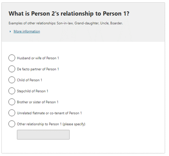 What is the person’s relationship to Person 1/Person 2?