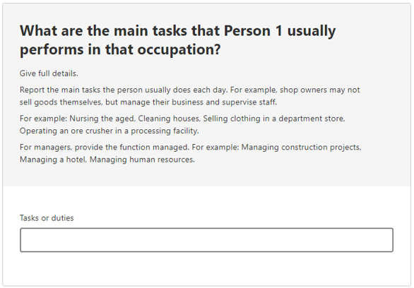 This image shows a question from the 2021 Census online form. This question asks: What are the main tasks that Person 1 usually performs in that occupation? 