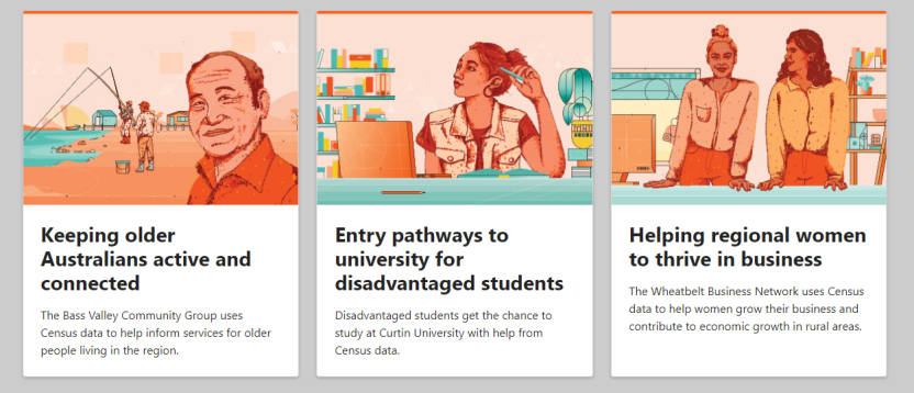 Three images showcasing case studies. First is about Keeping older Australians active and connected, second is Entry pathways to university for disadvantaged students, and the third is Helping regional women to thrive in business