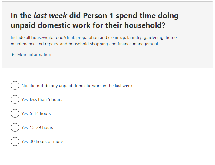 In the last week did the person spend time doing unpaid domestic work for their household? 