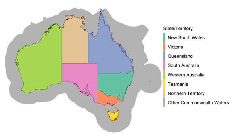 Map of Australian state, territory and other commonwealth waters