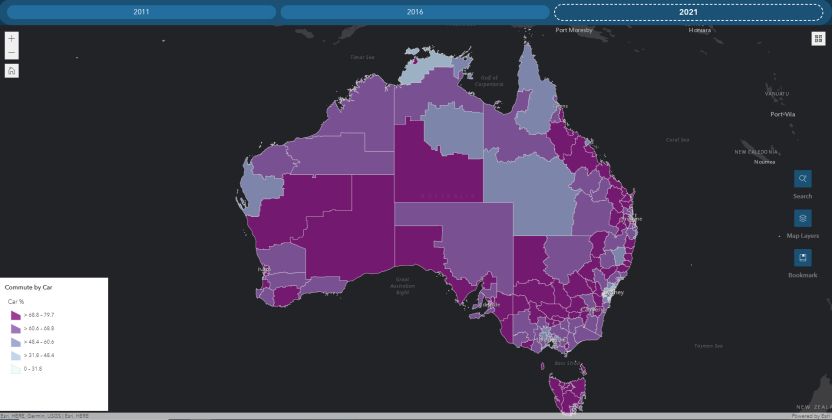 This image shows a map of Australia segmented off into different statistical areas. Across the top are three buttons for 2011, 2016 and 2021. One the left hand side, a legend for commute by car is depicted with different shades of purple representing the increasing density of proportion travelled by car. The statistical areas on the map are different shades of purple. On the right hand side are three buttons for search, map layers and bookmark. 