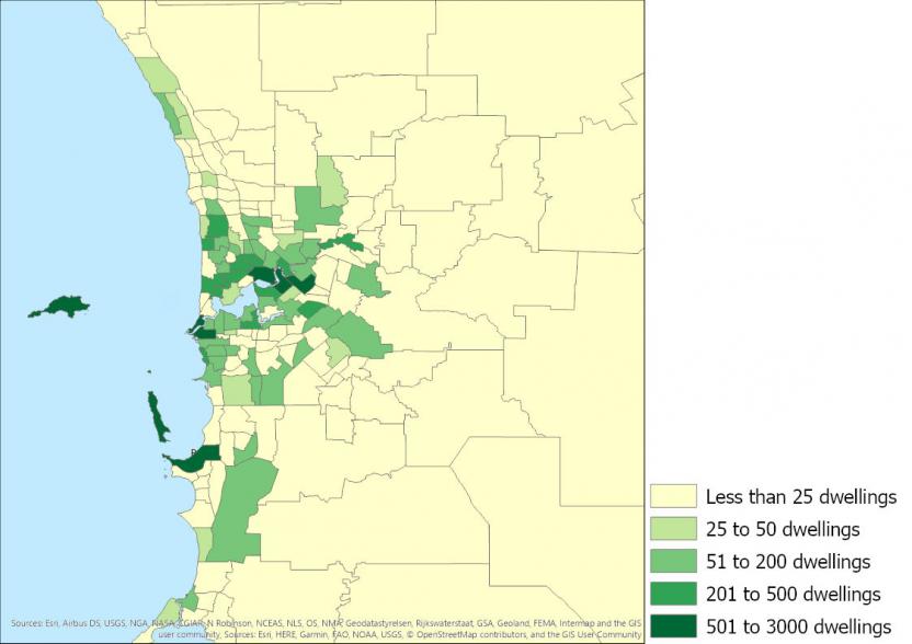 Figure 15: Number of apartments completed, Western Australia SA2s, 2016 to 2019
