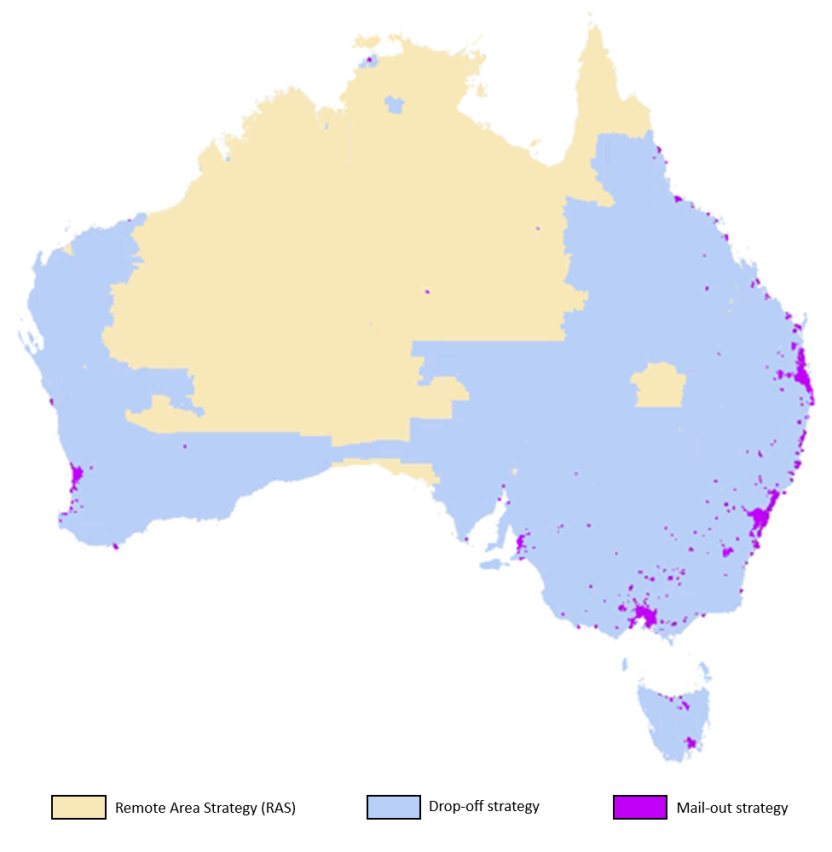 Map of Australia displaying Remote Area Strategy, Drop-off strategy and Mail-out strategy. 