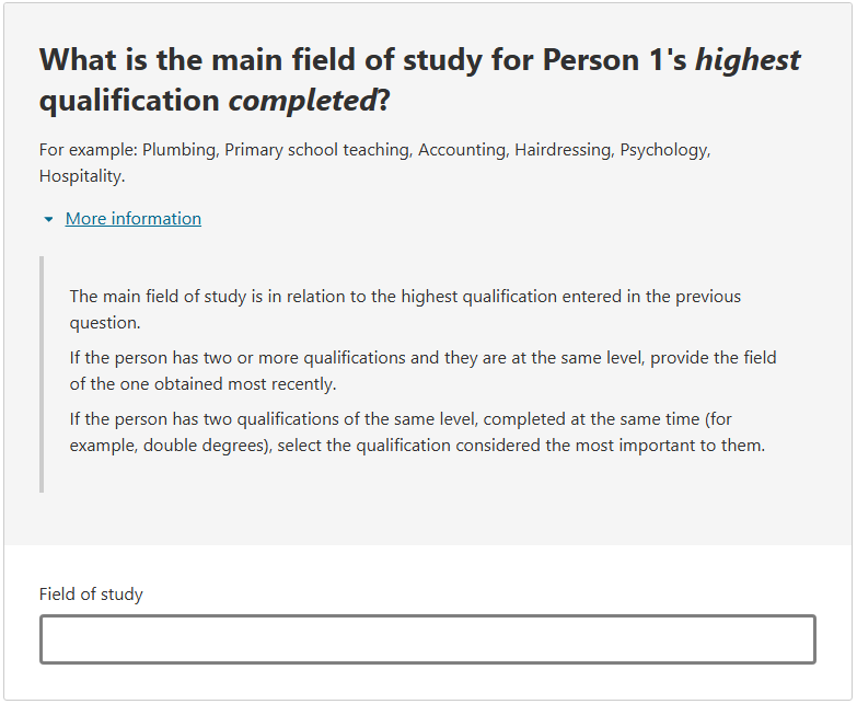 This image shows a question from the 2026 Census online form. This question asks: What is the main field of study for Person 1’s highest qualification completed?