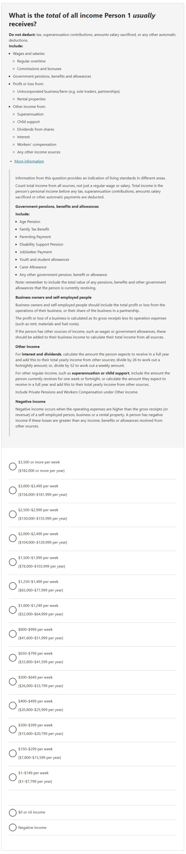 This image shows a question from the 2026 Census online form. This question asks: What is the total of all income Person 1 usually receives?
