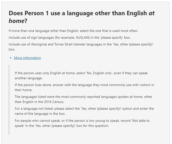 Additional information relating to the question on: Does the person use a language other than English at home?