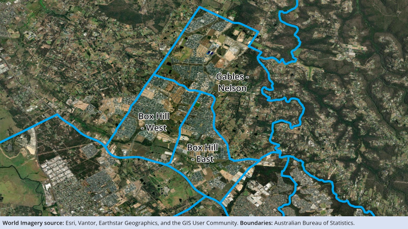 Image showing three 2026 SA2s split from the 2021 Box Hill - Nelson SA2. Full description can be found in the 'Description' tab above the image.
