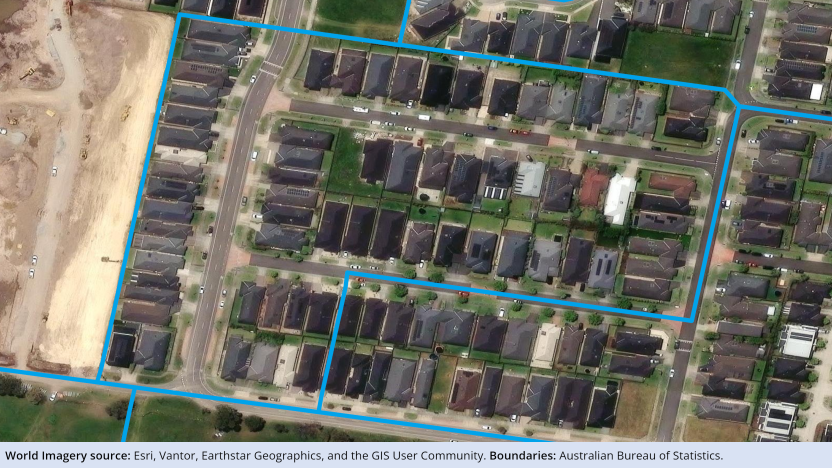 Image showing one 2026 Mesh Block containing two houses previously split across two 2021 Mesh Blocks. Full description can be found in the 'Description' tab above the image.