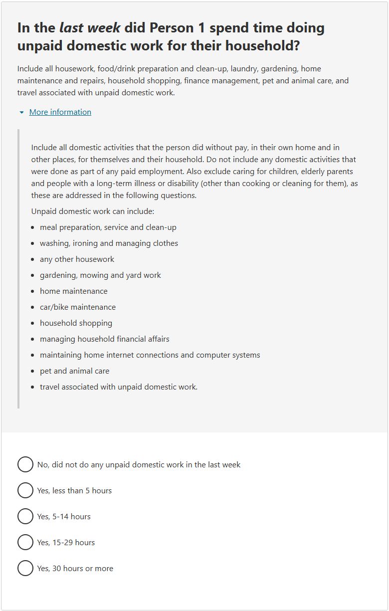 This image shows a question from the 2026 Census online form. This question asks: In the last week did Person 1 spend time doing unpaid domestic work for their household? 
