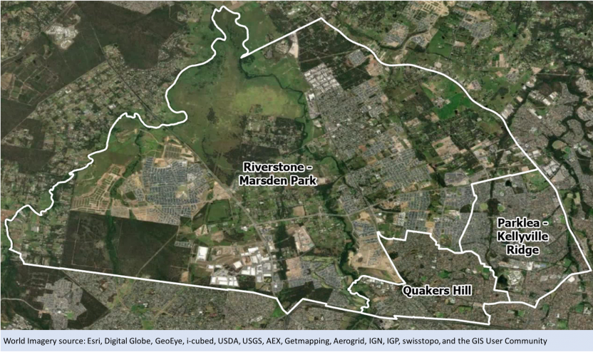 This image shows three 2016 Statistical Areas Level 2 in Sydney prior to being split in Edition 3.