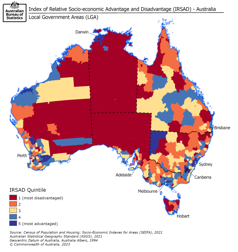 Map of SEIFA Index of Relative Socio-economic Advantage and Disadvantage LGA quintiles for Australia