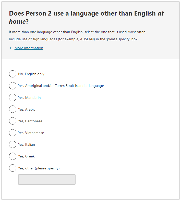 Alternative response options to the question: Does the person use a language other than English at home? Aboriginal and Torres Strait Islander option included.