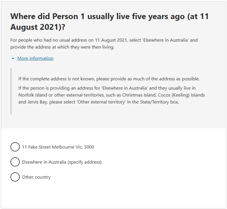 This image shows the 'where did the person usually live five years ago (at 11 August 2021)' question from the 2026 Census web form. 