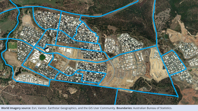 Image showing redesigned 2026 SA1 boundaries around new housing developments. Full description can be found in the 'Description' tab above the image.