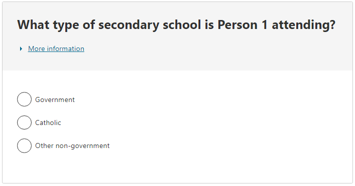 Type of educational institution attending example - Secondary school response selected