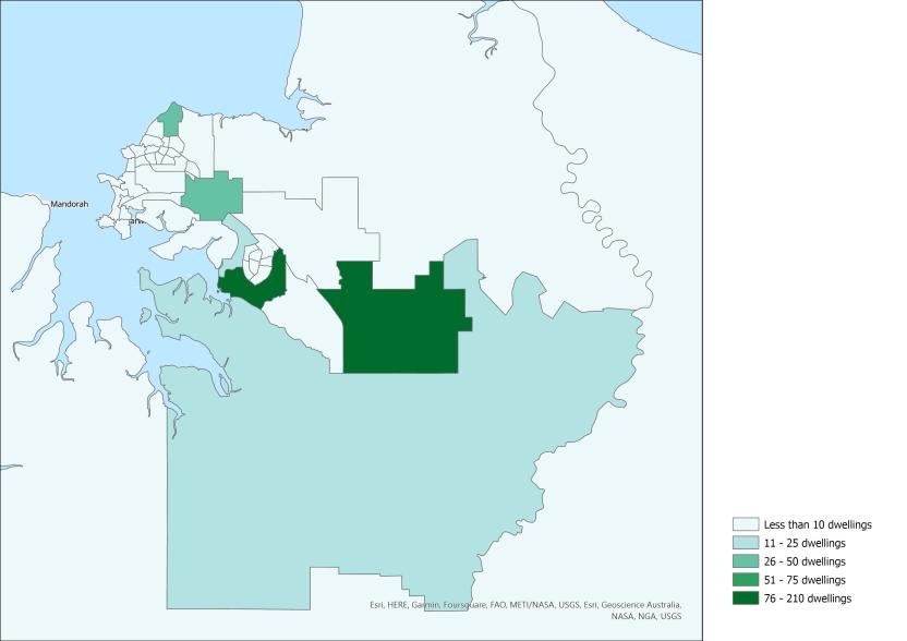 Image of map highlighting areas with the largest dwelling stock growth (number of dwellings), Northern Territory SA2s, 2021-22