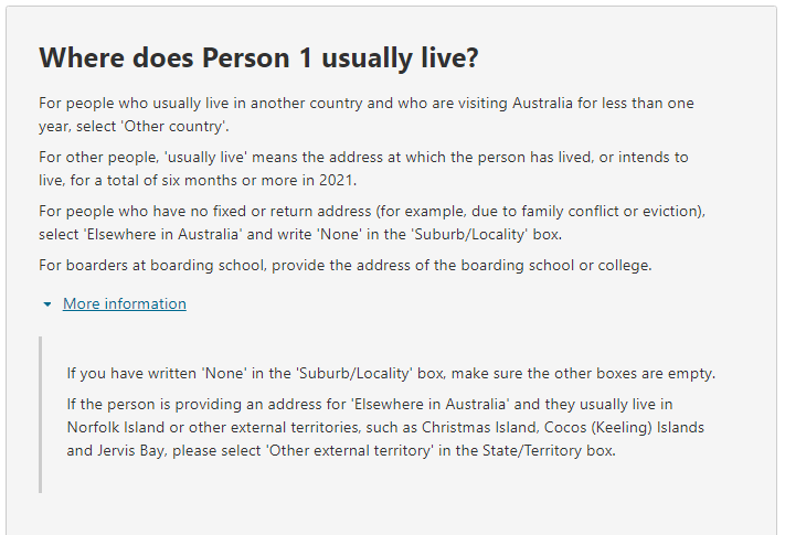 Additional information relating to the question on: Where does the person usually live?