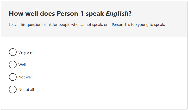 This image shows a question from the 2026 Census online form. This question asks: How well does Person 1 speak English?