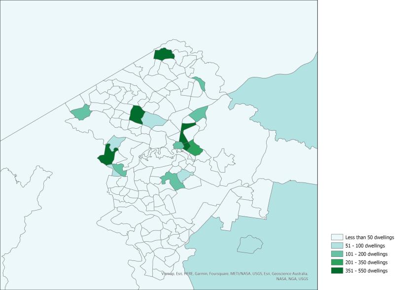 Image of map highlighting areas with the largest dwelling stock growth (number of dwellings), Australian Capital Territory SA2s, 2021-22