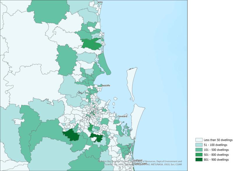 Image of map highlighting areas with the largest dwelling stock growth (number of dwellings), Queensland SA2s, 2021-22