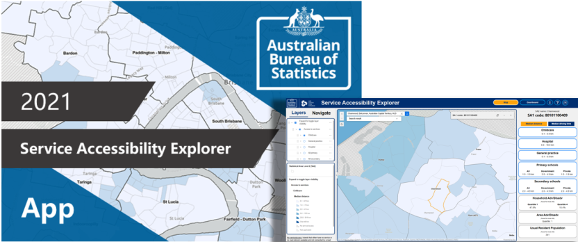 This image is the application tile image for the Service Accessibility Explorer and an example screenshot of the map view.