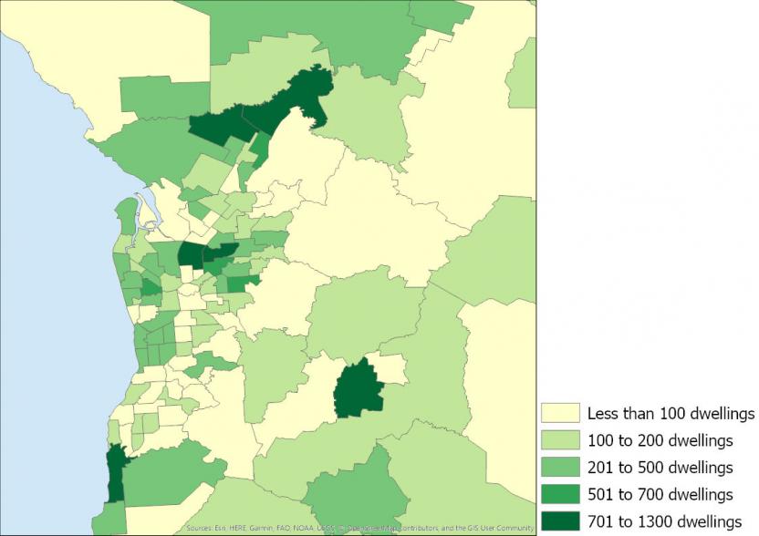 Figure 10: Number of houses completed, South Australia SA2s, 2016 to 2019