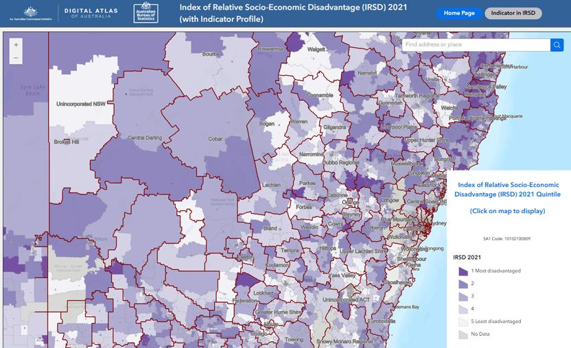 A screenshot of the SEIFA Index of Relative Socio-economic Disadvantage (IRSD) 2021 web mapping application showing levels of disadvantage by area using Census data.