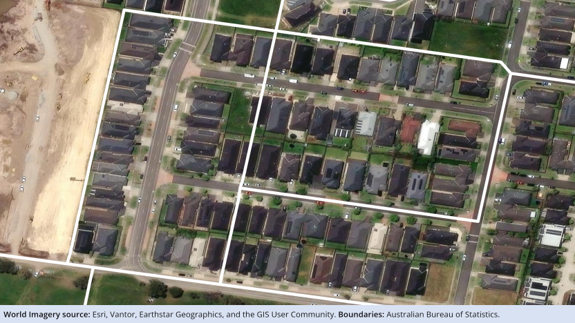 Image showing a 2021 Mesh Block boundary cutting through two houses. Full description can be found in the 'Description' tab above the image.