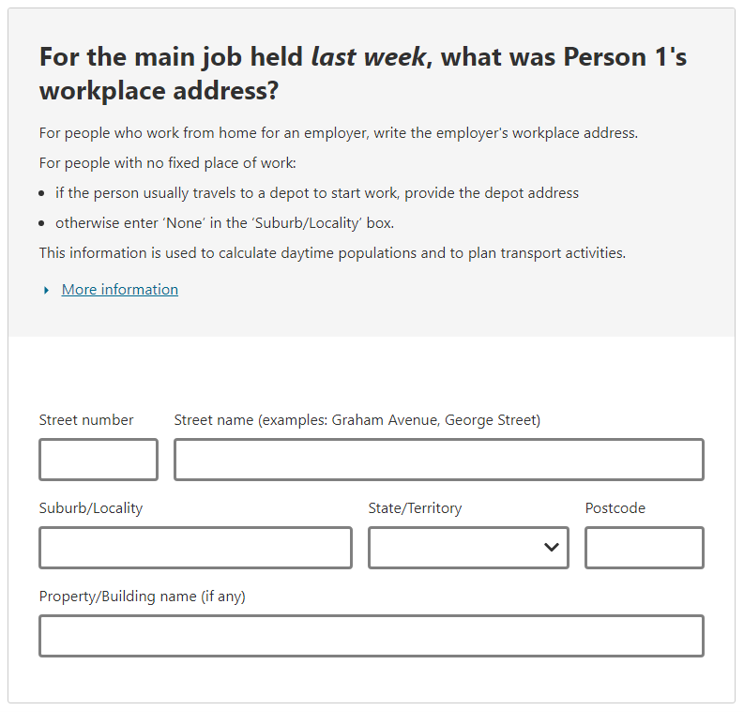 For the main job held last week, what was the person’s workplace address?