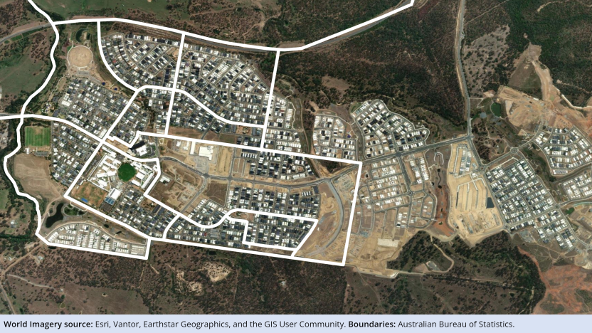 Image showing 2021 SA1 boundaries cutting through new housing developments. Full description can be found in the 'Description' tab above the image.