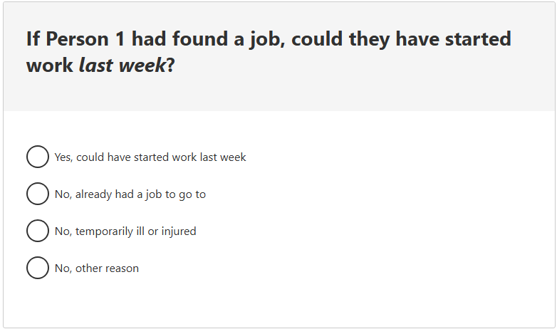 This image shows a question from the 2026 Census online form. This question asks: If Person 1 had found a job, could they have started work last week?