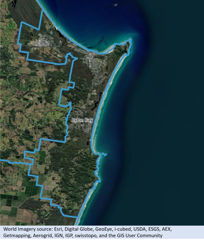 Picture showing aerial satellite imagery of Byron Bay in New South Wales. Image shows the Edition 3 (2021) Byron Bay SUA boundary in blue.