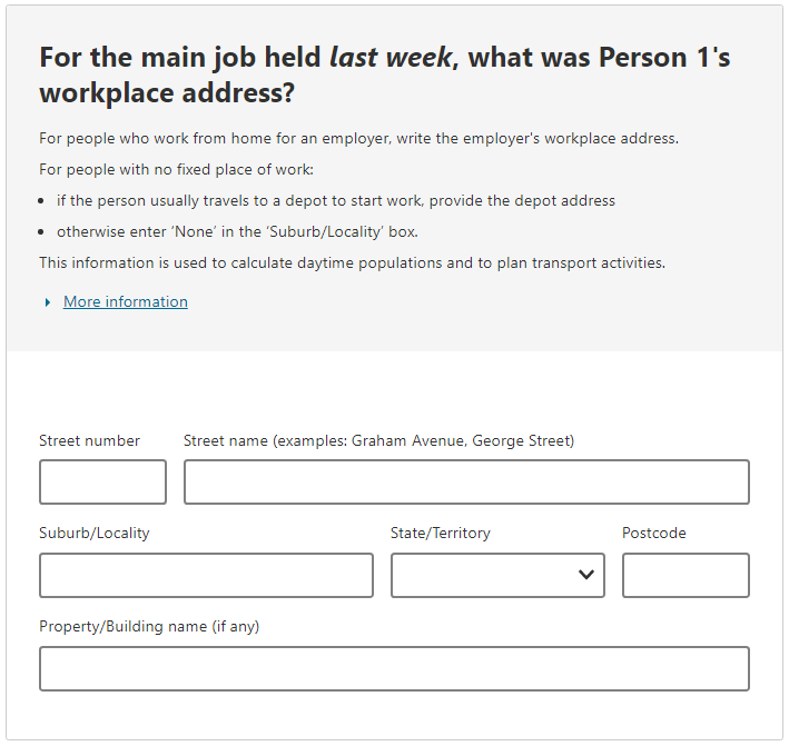 For the main job held last week, what was the person’s workplace address? 