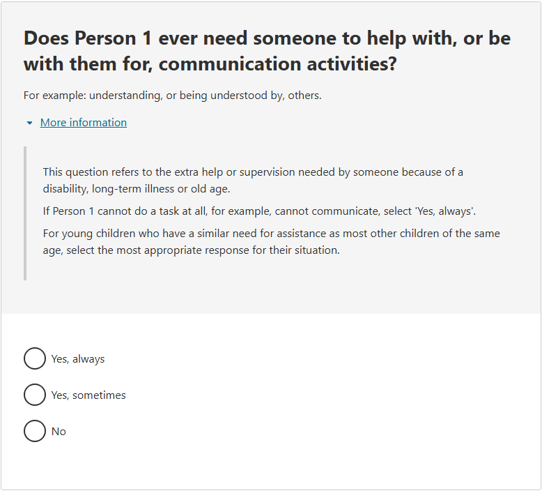 This image shows a question from the 2026 Census online form. This question asks: Does Person 1 ever need someone to help with, or be with them for, communication activities?