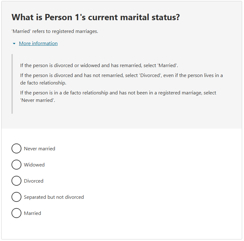 This image shows a question from the 2026 Census online form. This question asks: What is Person 1’s current marital status?