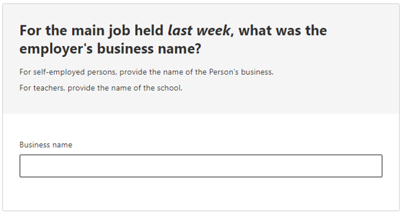 This image shows a question from the 2021 Census online form. This question asks: For the main job held last week, what was the employer's business name? 