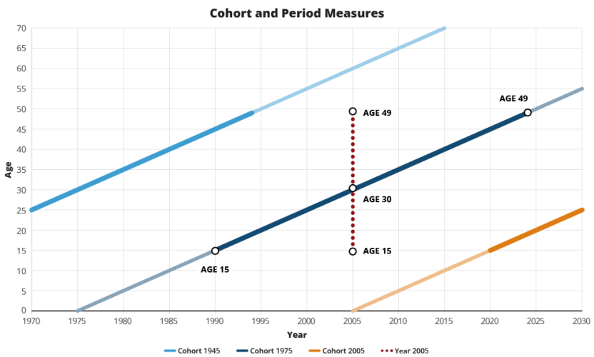 This conceptual graphic illustrates the difference between cohort and period fertility measures. The diagonal lines represent three birth cohorts (1945, 1975 and 2005) as they age over time. The vertical dotted line represents the year 2005, showing people of different ages living at the same point in time. Cohort measures follow a group born in the same year across their lives, while period measures compare people of different ages within a single year.