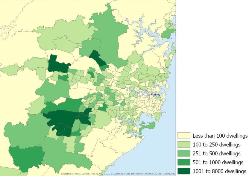 Figure 1: Number of houses completed, New South Wales SA2s, 2016 to 2019