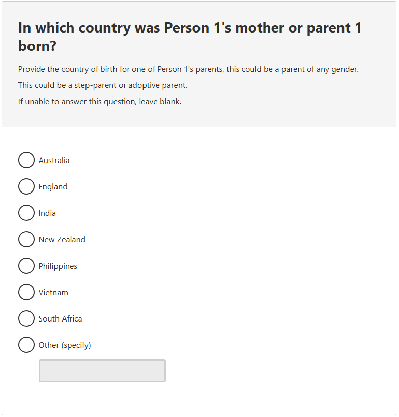 This image shows a question from the 2026 Census online form. This question asks: In which country was Person 1’s mother or parent 1 born?