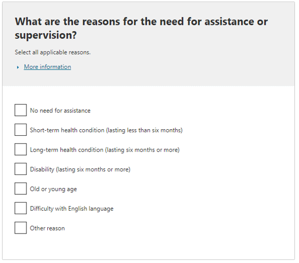 What are the reasons for the need for assistance or supervision shown in Questions 24, 25 and 26?