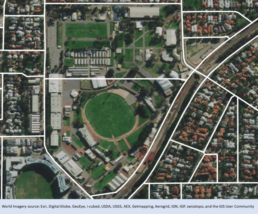 This image shows that in 2016, some Mesh Blocks intersected infrastructure or dwellings. These Mesh Blocks have been altered in Edition 3.