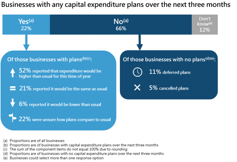 Businesses with any capital expenditure plans (22% yes, 66% no and 12% don't know). Of those businesses with plans, 52% reported this was higher than usual, 21% lower than usual, 6% lower than usual and 22% were unsure how it compared to usual. Of those businesses with no plans, 11% had deferred plans and 5% had cancelled plans.